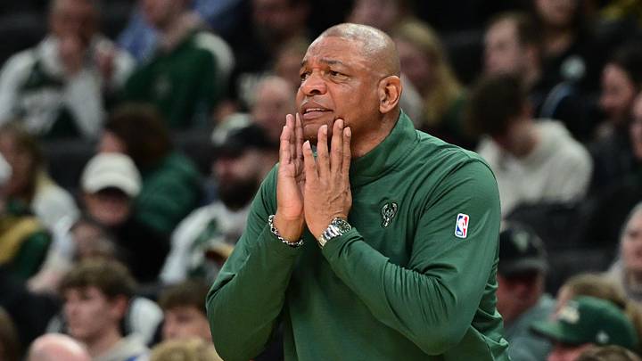 Apr 1, 2025; Milwaukee, Wisconsin, USA; Milwaukee Bucks head coach Doc Rivers reacts in the second quarter against the Phoenix Suns at Fiserv Forum. 