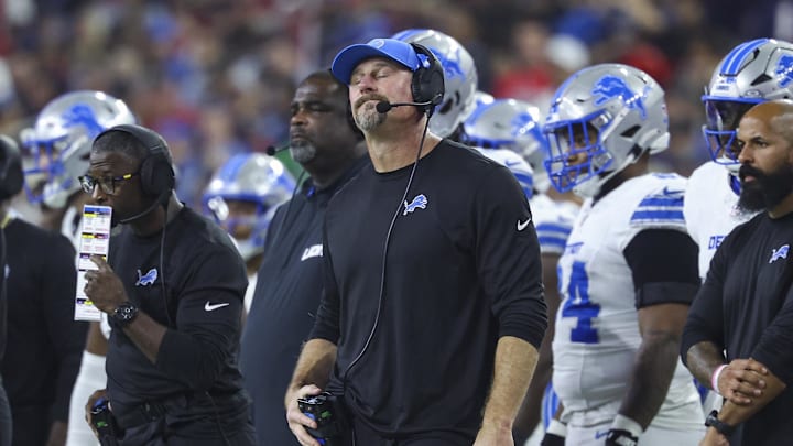 Detroit Lions head coach Dan Campbell reacts during the second quarter against the Houston Texans at NRG Stadium.
