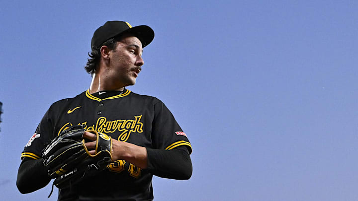 Pittsburgh Pirates starting pitcher Paul Skenes (30) walks off the field after the second inning against the St. Louis Cardinals at Busch Stadium. Pittsburgh Pirates starting pitcher Paul Skenes (30) walks off the field after the second inning against the St. Louis Cardinals at Busch Stadium.