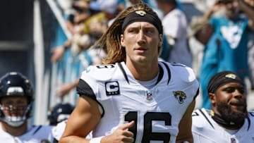 Sep 24, 2023; Jacksonville, Florida, USA; Jacksonville Jaguars quarterback Trevor Lawrence (16) runs out of the tunnel before the game against the Houston Texans at EverBank Stadium. 