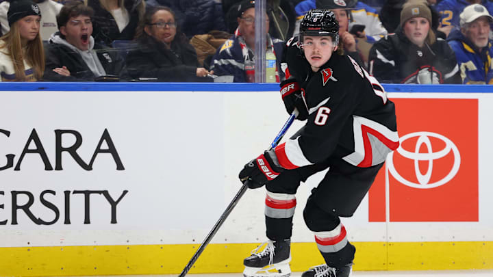 Jan 29, 2026; Buffalo, New York, USA;  Buffalo Sabres left wing Zach Benson (6) looks to make a pass during the second period against the Los Angeles Kings at KeyBank Center. Mandatory Credit: Timothy T. Ludwig-Imagn Images