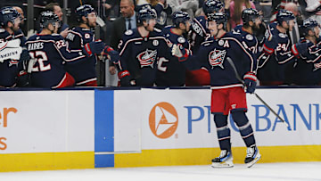 Nov 27, 2024; Columbus, Ohio, USA; Columbus Blue Jackets defenseman Zach Werenski (8) celebrates his goal against the Montreal Canadiens during the third period at Nationwide Arena. Mandatory Credit: Russell LaBounty-Imagn Images