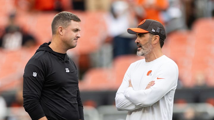 Sep 10, 2023; Cleveland, Ohio, USA; Cincinnati Bengals head coach Zac Taylor and Cleveland Browns head coach Kevin Stefanski talk during warmups before the game at Cleveland Browns Stadium. Mandatory Credit: Scott Galvin-USA TODAY Sports