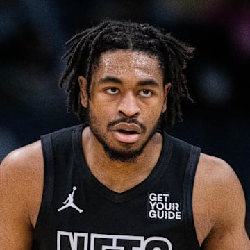 Mar 8, 2025; Charlotte, North Carolina, USA; Brooklyn Nets guard Cam Thomas (24) brings the ball up court against the Charlotte Hornets during the first quarter at Spectrum Center. Mandatory Credit: Scott Kinser-Imagn Images