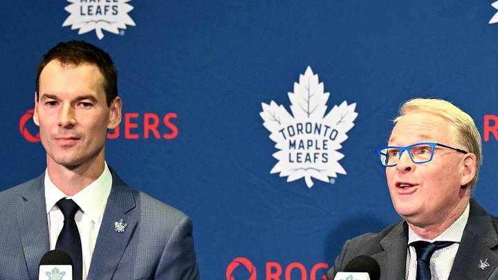 May 4, 2026; Toronto, Ontario, CANADA;  Maple Leafs Sports and Entertainment CEO Keith Pelley answers media questions between Toronto Maple Leafs general manager John Chayka (left) and senior executive advisor Mats Sundin during an introductory news conference at Real Sports Bar and Grill. Mandatory Credit: Dan Hamilton-Imagn Images