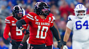 Texas Tech Red Raiders linebacker Jacob Rodriguez (10) reacts during the first quarter against the BYU Cougars at AT&T Stadium.