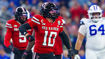 Texas Tech Red Raiders linebacker Jacob Rodriguez (10) reacts during the first quarter against the BYU Cougars at AT&T Stadium.