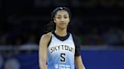 Sep 3, 2025; Chicago, Illinois, USA; Chicago Sky forward Angel Reese (5) walks on the court during the second half of a WNBA game against the Connecticut Sun at Wintrust Arena. Mandatory Credit: Kamil Krzaczynski-Imagn Images
