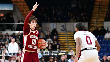 Boston College men's basketball guard Luka Toews with the ball against UMass in the Hall of Fame Classic at MassMutual Center in Springfield, Mass on Dec. 10, 2025. Photo Credit: John Sexton / Boston College Eagles On SI