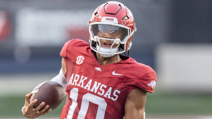 Arkansas Razorbacks quarterback Taylen Green runs against UAPB at War Memorial Stadium in Little Rock, Ark.