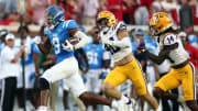 Sep 30, 2023; Oxford, Mississippi, USA; Mississippi Rebels wide receiver Tre Harris (9) runs after a catch during the first half against the LSU Tigers at Vaught-Hemingway Stadium. Mandatory Credit: Petre Thomas-USA TODAY Sports