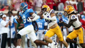 Sep 30, 2023; Oxford, Mississippi, USA; Mississippi Rebels wide receiver Tre Harris (9) runs after a catch during the first half against the LSU Tigers at Vaught-Hemingway Stadium. Mandatory Credit: Petre Thomas-USA TODAY Sports