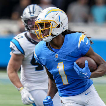 Sep 15, 2024; Charlotte, North Carolina, USA; Los Angeles Chargers wide receiver Quentin Johnston (1) runs against the Carolina Panthers during the second half at Bank of America Stadium. Mandatory Credit: Jim Dedmon-Imagn Images