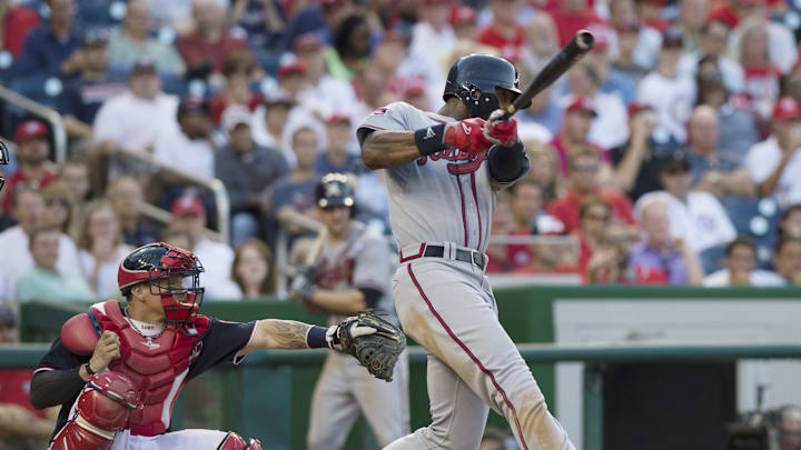 Sep 10, 2014; Washington, DC, USA; Atlanta Braves right fielder Jason Heyward (22) singles during the eighth inning against the Washington Nationals at Nationals Park. The Braves won 6-2. Mandatory Credit: Tommy Gilligan-Imagn Images