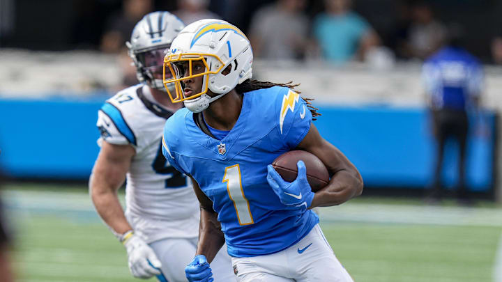 Sep 15, 2024; Charlotte, North Carolina, USA; Los Angeles Chargers wide receiver Quentin Johnston (1) runs against the Carolina Panthers during the second half at Bank of America Stadium. Mandatory Credit: Jim Dedmon-Imagn Images