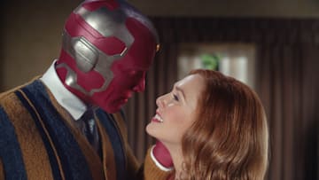 Paul Bettany as Vision and Elizabeth Olsen as Wanda Maximoff in Marvel Studios' WANDAVISION. Photo courtesy of Marvel Studios. ©Marvel Studios 2021. All Rights Reserved.