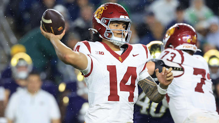 Jayden Maiava #14 of the USC Trojans throws a pass against the Notre Dame Fighting Irish at Notre Dame Stadium on October 18, 2025 in South Bend, Indiana