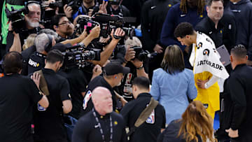 Indiana Pacers guard Tyrese Haliburton talks after the Pacers defeat the Oklahoma City Thunder in the 2025 NBA Finals