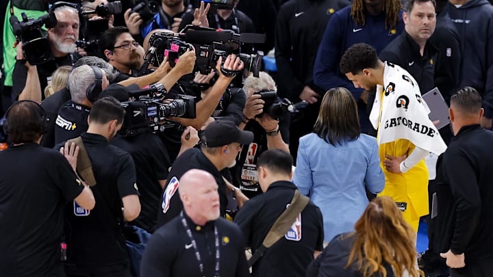 Indiana Pacers guard Tyrese Haliburton talks after the Pacers defeat the Oklahoma City Thunder in the 2025 NBA Finals