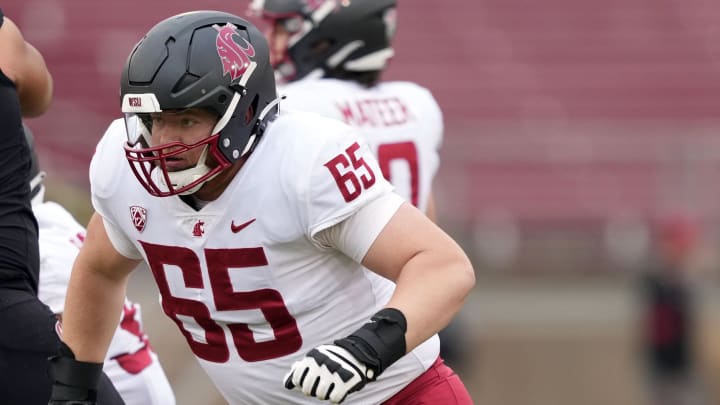 Nov 5, 2022; Stanford, California, USA; Washington State Cougars offensive lineman Brock Dieu (65) during the fourth quarter against the Stanford Cardinal at Stanford Stadium. Mandatory Credit: Darren Yamashita-USA TODAY Sports