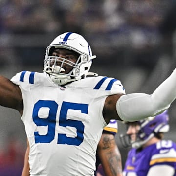Nov 3, 2024; Minneapolis, Minnesota, USA; Indianapolis Colts defensive tackle Adetomiwa Adebawore (95) reacts after a missed field goal by Minnesota Vikings place kicker Will Reichard (16) during the second quarter at U.S. Bank Stadium. Mandatory Credit: Jeffrey Becker-Imagn Images