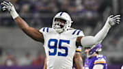 Nov 3, 2024; Minneapolis, Minnesota, USA; Indianapolis Colts defensive tackle Adetomiwa Adebawore (95) reacts after a missed field goal by Minnesota Vikings place kicker Will Reichard (16) during the second quarter at U.S. Bank Stadium. Mandatory Credit: Jeffrey Becker-Imagn Images