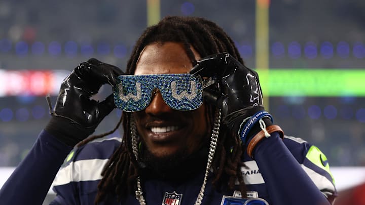 Seattle Seahawks cornerback Riq Woolen celebrates