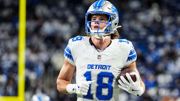 Detroit Lions wide receiver Isaac Teslaa (18) warms up before the Dallas Cowboys game at Ford Field in Detroit on Thursday, Dec. 4, 2025.