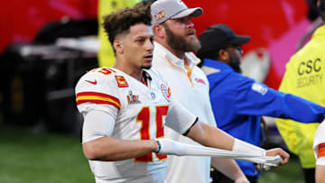 Feb 9, 2025; New Orleans, LA, USA; Kansas City Chiefs quarterback Patrick Mahomes (15) walks off the field after losing against the Philadelphia Eagles in Super Bowl LIX at Caesars Superdome. Mandatory Credit: Bill Streicher-Imagn Images
