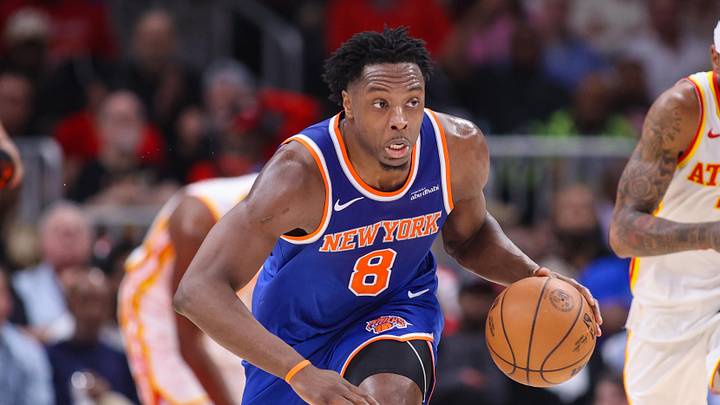 Apr 30, 2026; Atlanta, Georgia, USA; New York Knicks forward Og Anunoby (8) dribbles against the Atlanta Hawks in the second quarter during game six of the first round of the 2026 NBA Playoffs at State Farm Arena. Mandatory Credit: Brett Davis-Imagn Images