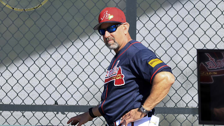 Feb 10, 2026; North Port, FL, USA; Atlanta Braves manager coach Walt Weiss (4) looks on during spring training workouts. Mandatory Credit: Kim Klement Neitzel-Imagn Images