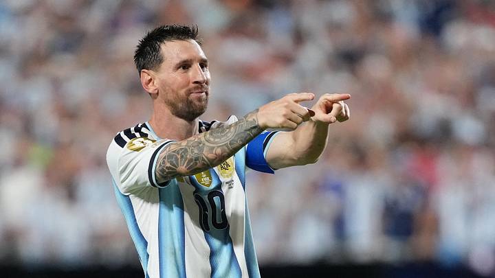 June 16, 2026; Kansas City, Missouri, U.S.; Argentina's Lionel Messi celebrates scoring their third goal to complete a hat-trick. Mandatory Credit: Jay Biggerstaff-Imagn Images