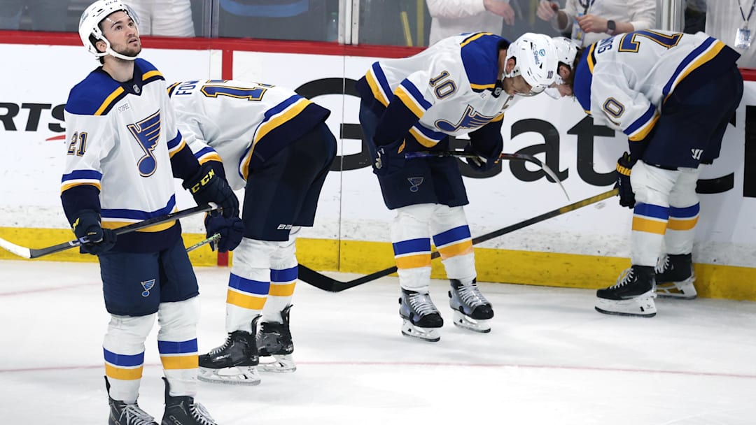May 4, 2025; Winnipeg, Manitoba, CAN; St. Louis Blues players react on their double overtime loss to the Winnipeg Jets in game seven of the first round of the 2025 Stanley Cup Playoffs at Canada Life Centre. Mandatory Credit: James Carey Lauder-Imagn Images