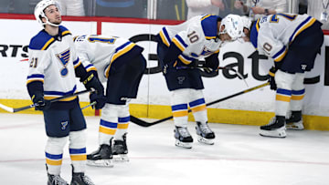 May 4, 2025; Winnipeg, Manitoba, CAN; St. Louis Blues players react on their double overtime loss to the Winnipeg Jets in game seven of the first round of the 2025 Stanley Cup Playoffs at Canada Life Centre. Mandatory Credit: James Carey Lauder-Imagn Images