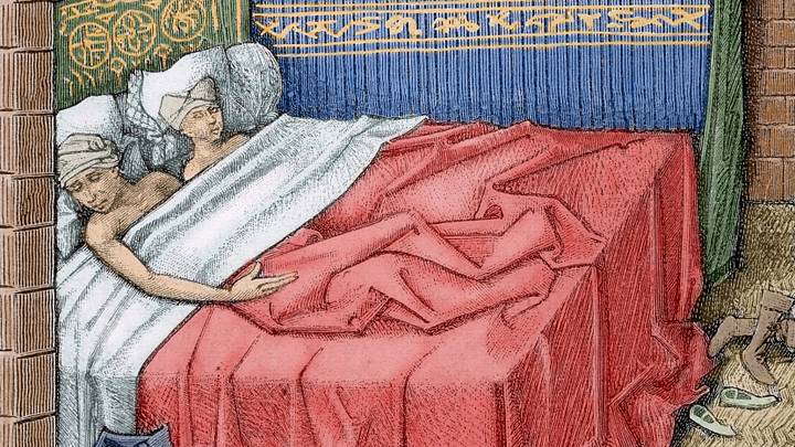 Couple in bed. 15th century. Engraving of "Miracles of Notre Dame".
