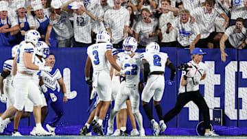 BYU celebrates a scoop and score touchdown against Kansas State.