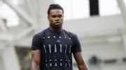 Apr 4, 2025; Boulder, CO, USA; Colorado Buffaloes wide receiver Travis Hunter (12) runs drills at the University of Colorado NFL Showcase at the CU Indoor Practice Facility. Mandatory Credit: Michael Ciaglo-Imagn Images
