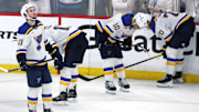 St. Louis Blues players react to their double overtime loss to the Winnipeg Jets