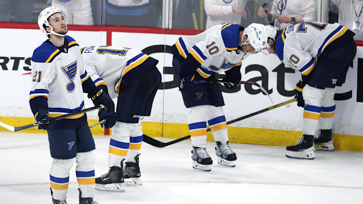 St. Louis Blues players react to their double overtime loss to the Winnipeg Jets St. Louis Blues players react to their double overtime loss to the Winnipeg Jets