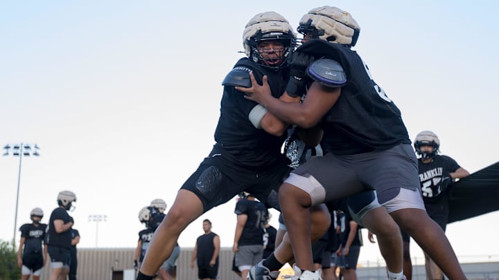 El Paso Franklin’s Justin Morales, left, works on drills with his teammates at football practice on Wednesday morning, Aug. 14, 2024. Morales is one of the top returning linemen in 2025. El Paso Franklin’s Justin Morales, left, works on drills with his teammates at football practice on Wednesday morning, Aug. 14, 2024. Morales is one of the top returning linemen in 2025.