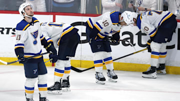 May 4, 2025; Winnipeg, Manitoba, CAN; St. Louis Blues players react on their double overtime loss to the Winnipeg Jets in game seven of the first round of the 2025 Stanley Cup Playoffs at Canada Life Centre. Mandatory Credit: James Carey Lauder-Imagn Images