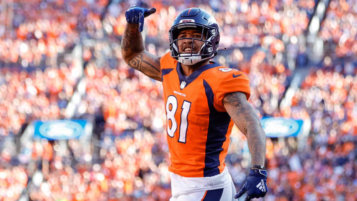 Sep 26, 2021; Denver, Colorado, USA; Denver Broncos wide receiver Tim Patrick (81) reacts after a play in the fourth quarter against the New York Jets at Empower Field at Mile High. Mandatory Credit: Isaiah J. Downing-USA TODAY Sports