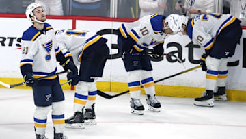 May 4, 2025; Winnipeg, Manitoba, CAN; St. Louis Blues players react on their double overtime loss to the Winnipeg Jets in game seven of the first round of the 2025 Stanley Cup Playoffs at Canada Life Centre. Mandatory Credit: James Carey Lauder-Imagn Images