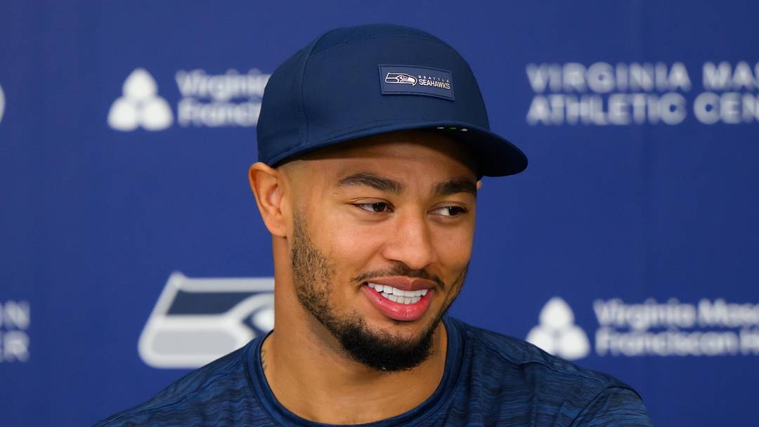 Seattle Seahawks wide receiver Jaxon Smith-Njigba speaks to the media