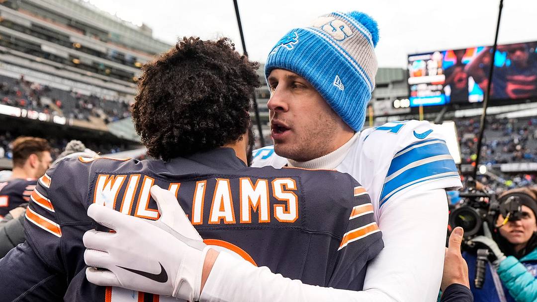 Detroit Lions quarterback Jared Goff (16) hugs Chicago Bears quarterback Caleb Williams (18) after 34-17 win at Soldier Field in Chicago, Ill. on Sunday, Dec. 22, 2024.