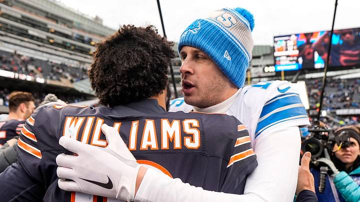 Detroit Lions quarterback Jared Goff (16) hugs Chicago Bears quarterback Caleb Williams (18) after 34-17 win at Soldier Field in Chicago, Ill. on Sunday, Dec. 22, 2024.