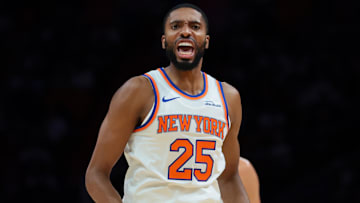 Oct 26, 2025; Miami, Florida, USA; New York Knicks guard Mikal Bridges (25) reacts against the Miami Heat during the first quarter at Kaseya Center. Mandatory Credit: Sam Navarro-Imagn Images