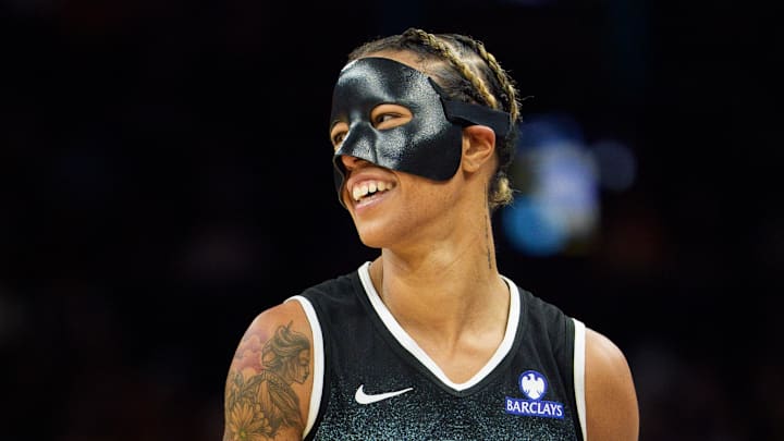 Sep 14, 2025; Phoenix, Arizona, USA; New York Liberty guard Natasha Cloud (9) reacts as she works her way down the court during overtime against the Phoenix Mercury during game one of the 2025 WNBA Playoffs round one at PHX Arena. Mandatory Credit: Allan Henry-Imagn Images