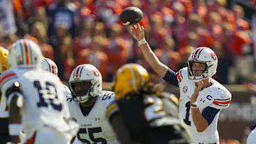 Oct 19, 2024; Columbia, Missouri, USA; Auburn Tigers quarterback Payton Thorne (1) throws a pass during the second half against the Missouri Tigers at Faurot Field at Memorial Stadium. Mandatory Credit: Jay Biggerstaff-Imagn Images