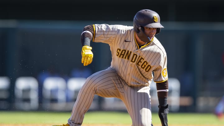 Oct 22, 2022; Phoenix, Arizona, USA; San Diego Padres outfielder Tirso Ornelas plays for the Peoria Javelinas during an Arizona Fall League baseball game at Phoenix Municipal Stadium. Mandatory Credit: Mark J. Rebilas-USA TODAY Sports